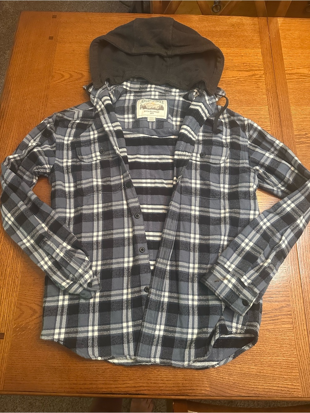 Men’s American Eagle Plaid Hooded Flannel Shirt Jacket - Navy & White size S